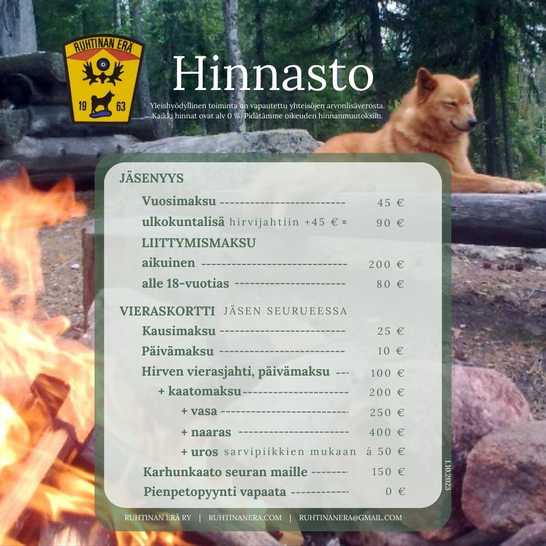 Hinnasto 1.10.2023 Ruhtinan Erä ry Hinnasto 1.10.2023 Ruhtinan Erä ry
